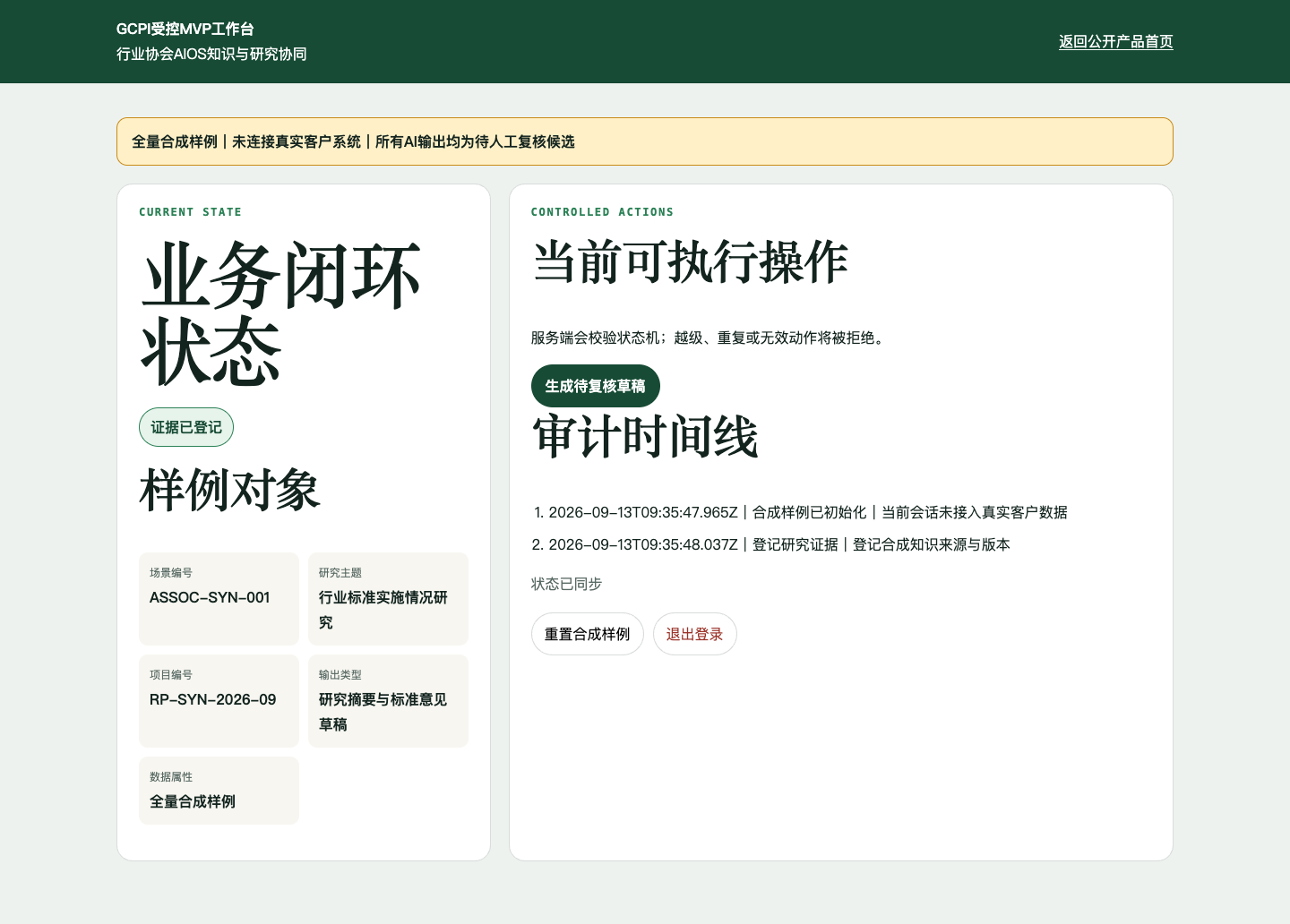 行业协会AIOS知识与研究协同受控MVP工作台，使用全量合成样例